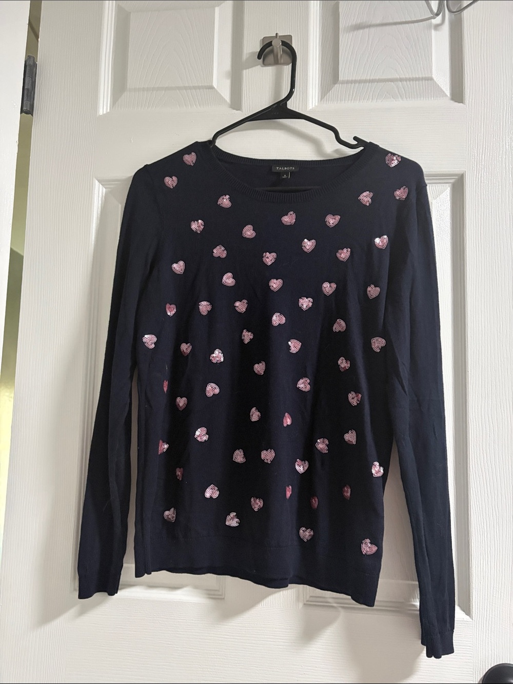 Talbots Navy Sweater with Pink Sequin Heart Accents